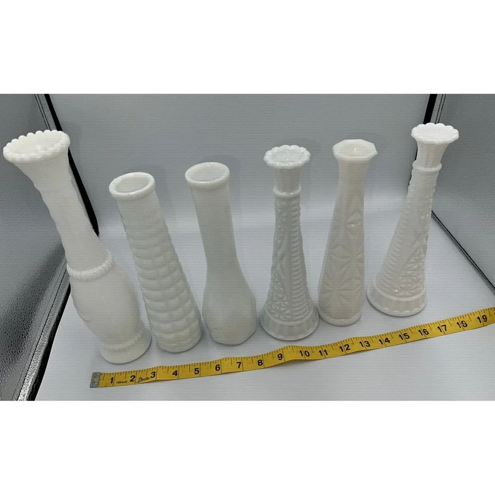 Lot of 6 Vintage Milk Glass Bud Vases Various Heights & Patterns (8-b0)